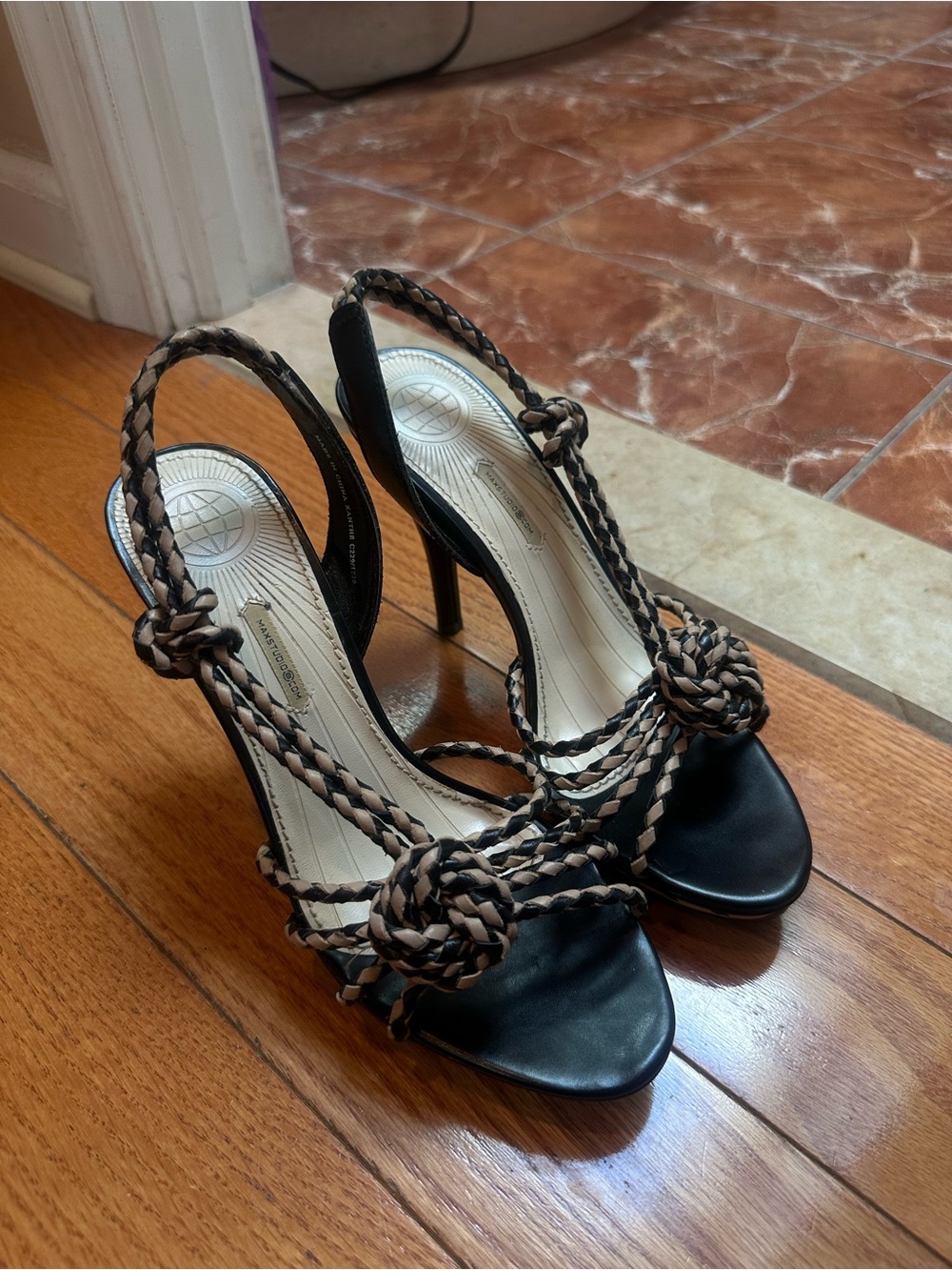 Max studio Braided Knot Slingback Leather Heels in Black and Beige